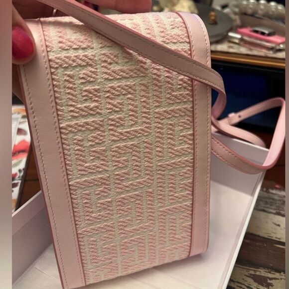 *Balmain* PRISTINE Leather Trimmed Pink Jacquard Canvas Monogram Crossbody - Picture 9 of 13